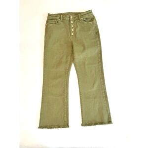 Michael Kors High Rise Flare Crop Jeans Olive Green Button Fly Frayed Hem Size 8